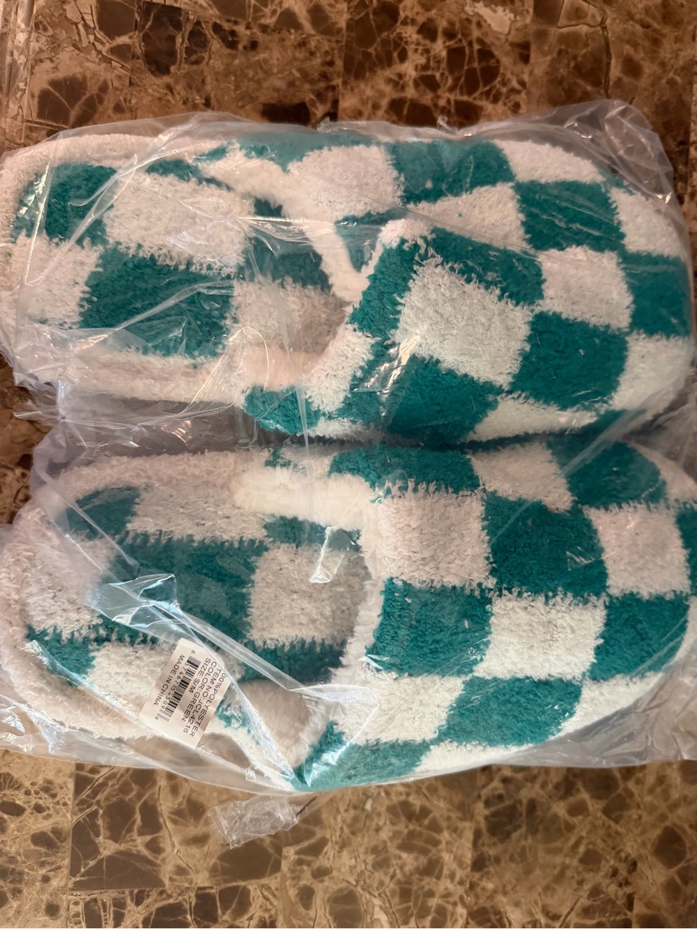 Plush Checkerboard Slip-On Slippers - Teal and White